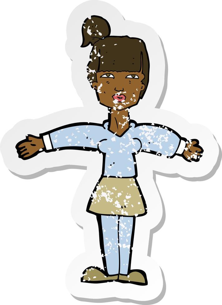 retro distressed sticker of a cartoon woman shrugging shoulders vector