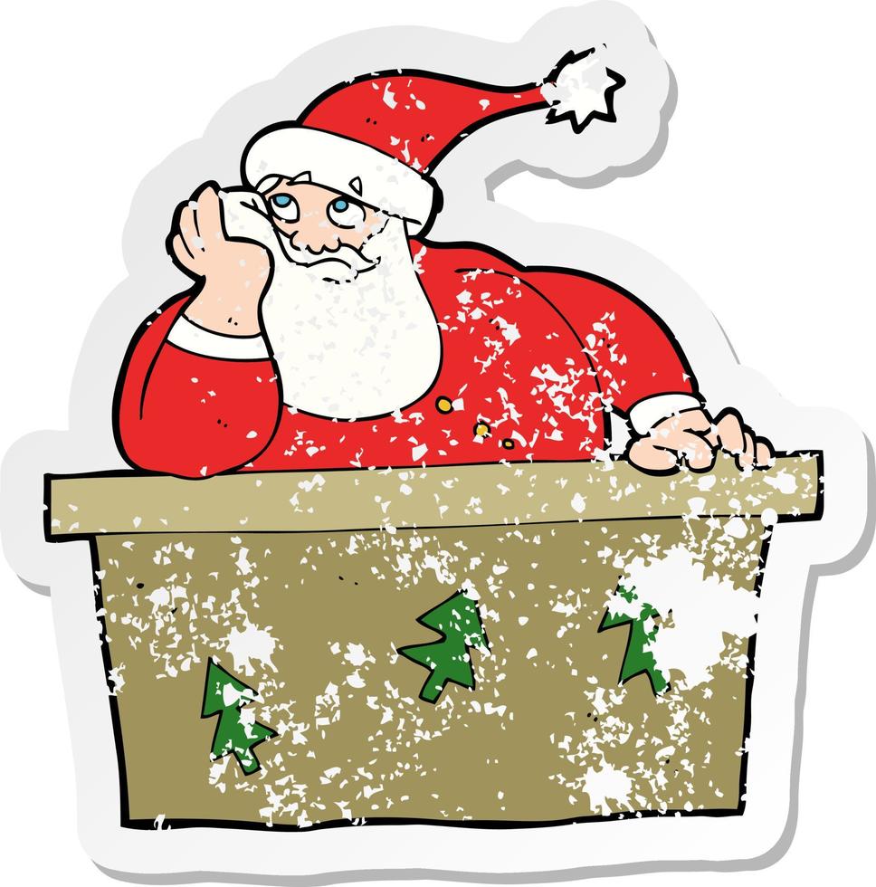 retro distressed sticker of a cartoon bored santa claus vector