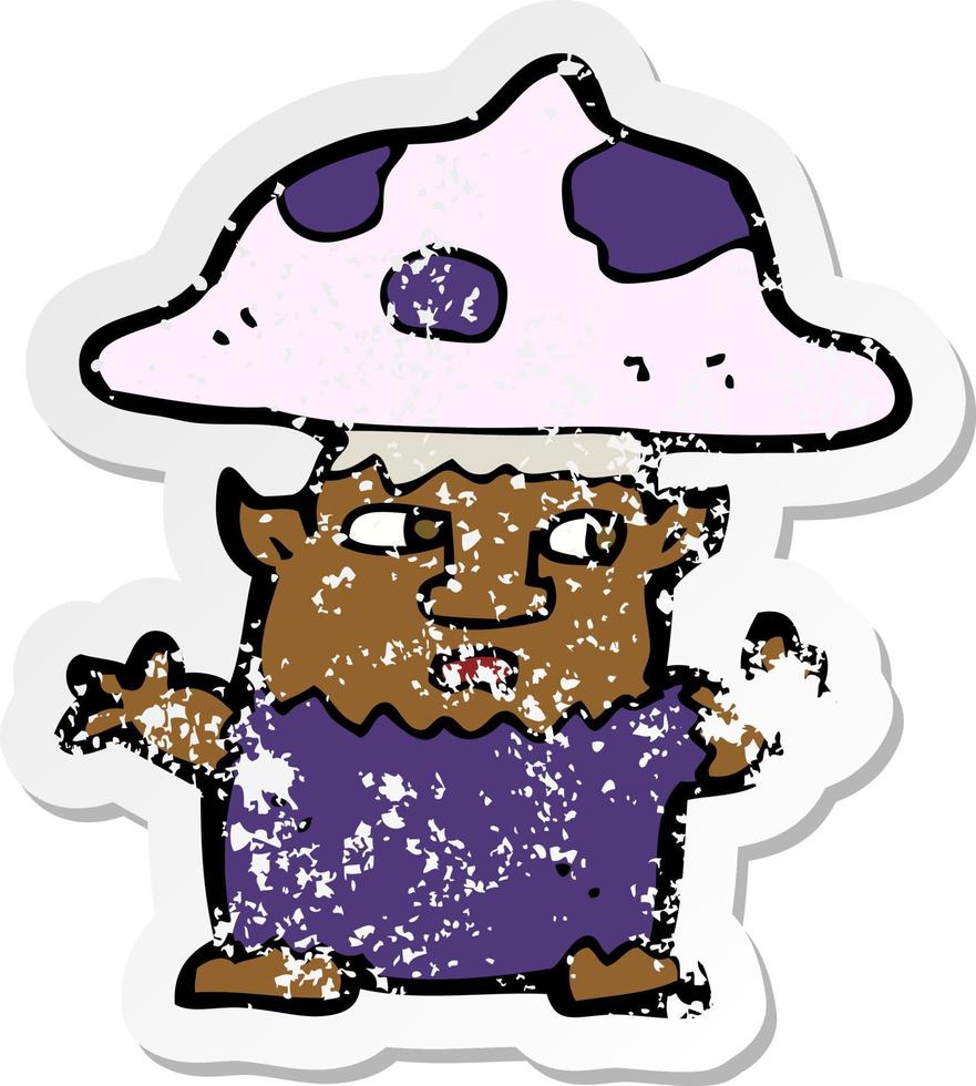 retro distressed sticker of a cartoon little mushroom man vector