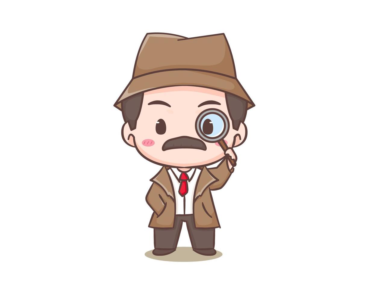 lindo personaje de mascota de dibujos animados de detectives. arte vectorial de ilustración chibi. concepto de icono de profesión aislado. estilo de dibujos animados de logotipo plano vector