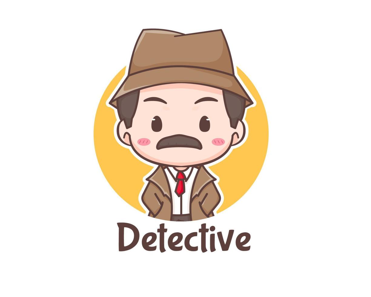 lindo personaje de mascota de dibujos animados de detectives. arte vectorial de ilustración chibi. concepto de icono de profesión aislado. estilo de dibujos animados de logotipo plano vector