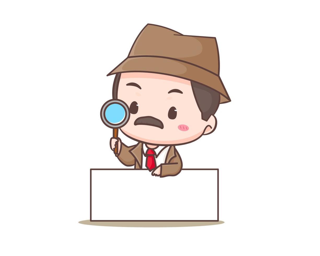 lindo personaje de mascota de dibujos animados de detectives. arte vectorial de ilustración chibi. concepto de icono de profesión aislado. estilo de dibujos animados de logotipo plano vector