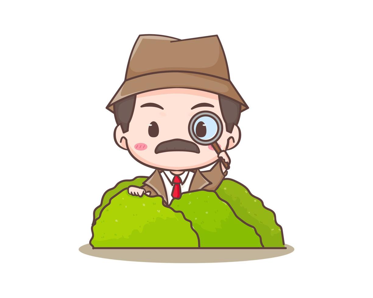 lindo personaje de mascota de dibujos animados de detectives. arte vectorial de ilustración chibi. concepto de icono de profesión aislado. estilo de dibujos animados de logotipo plano vector