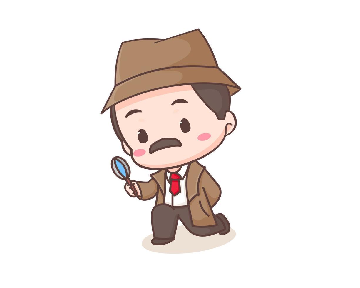 lindo personaje de mascota de dibujos animados de detectives. arte vectorial de ilustración chibi. concepto de icono de profesión aislado. estilo de dibujos animados de logotipo plano vector