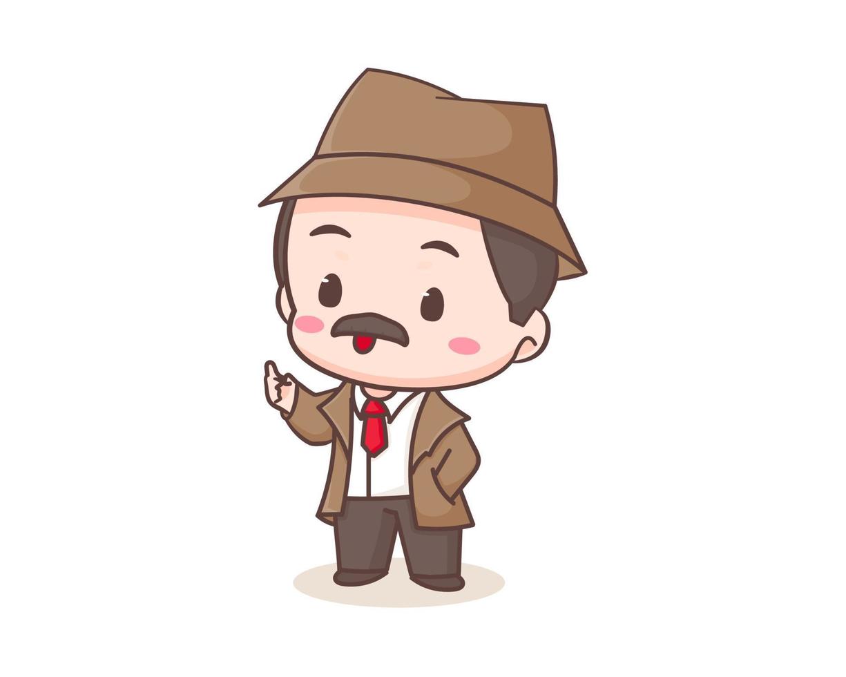 lindo personaje de mascota de dibujos animados de detectives. arte vectorial de ilustración chibi. concepto de icono de profesión aislado. estilo de dibujos animados de logotipo plano vector