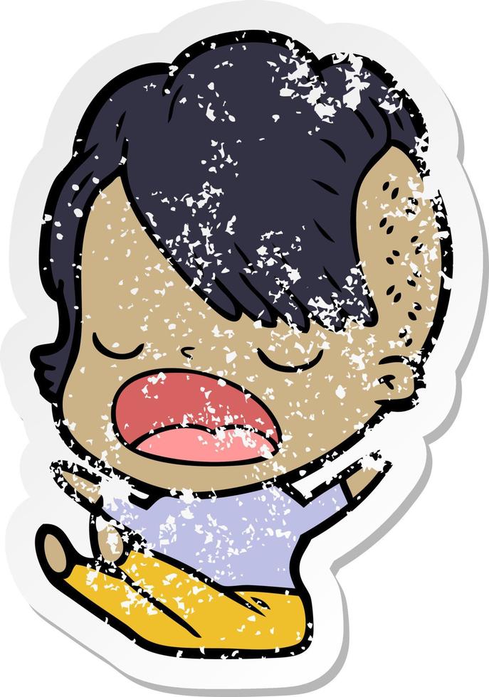 distressed sticker of a cartoon cool hipster girl talking vector