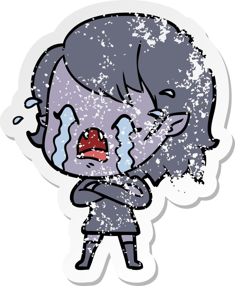pegatina angustiada de una niña vampiro llorando de dibujos animados vector
