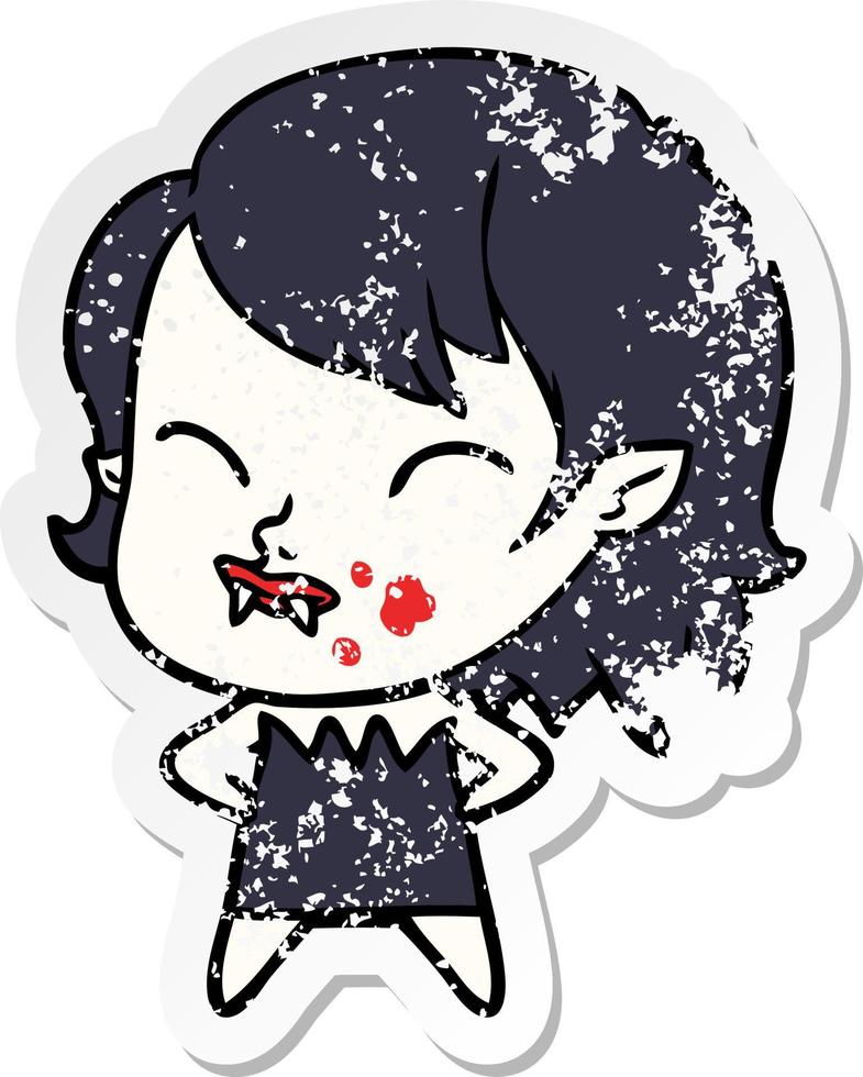 distressed sticker of a cartoon vampire girl with blood on cheek vector