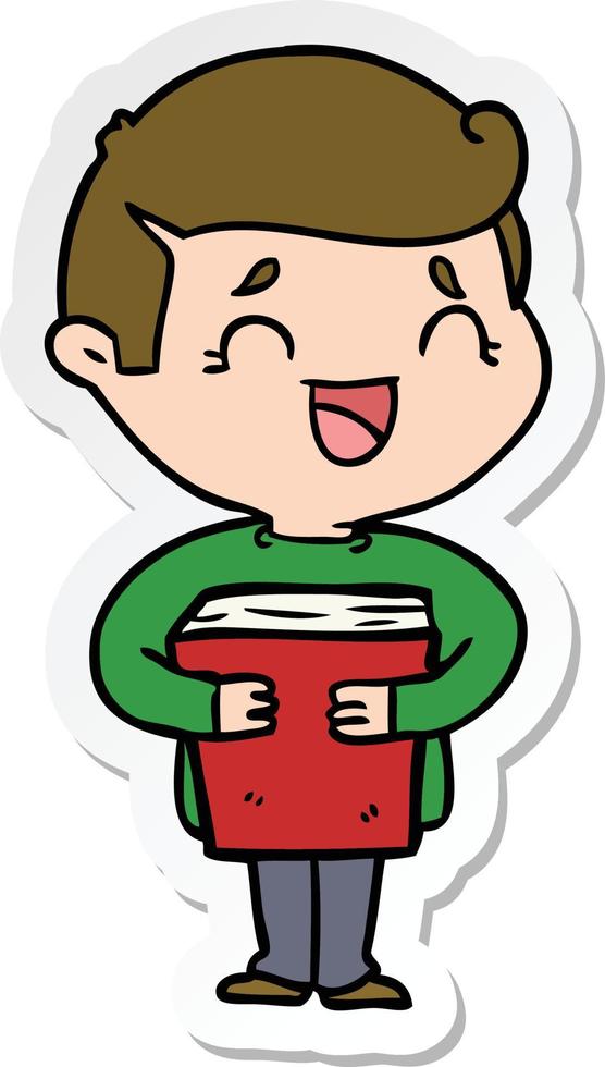 sticker of a cartoon laughing man holding book vector