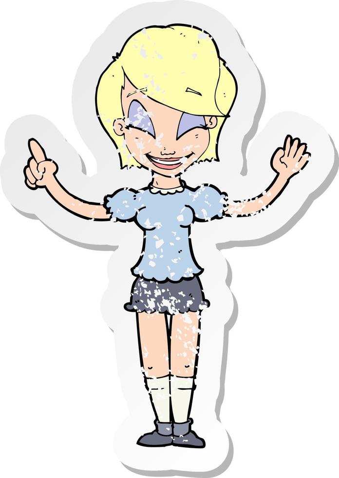 retro distressed sticker of a cartoon pretty girl with idea vector