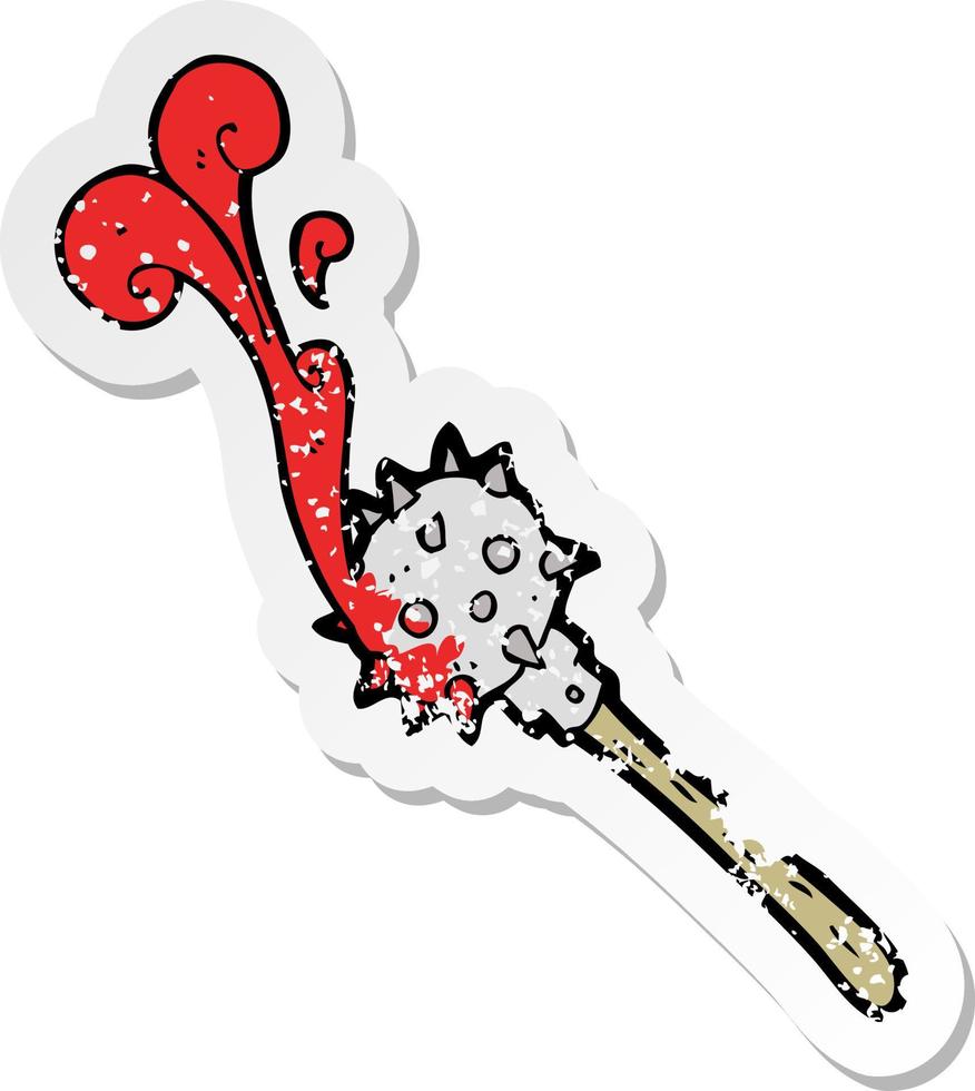 retro distressed sticker of a cartoon bloody medieval mace vector