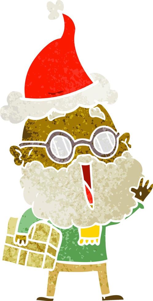 retro cartoon of a joyful man with beard and parcel under arm wearing santa hat vector