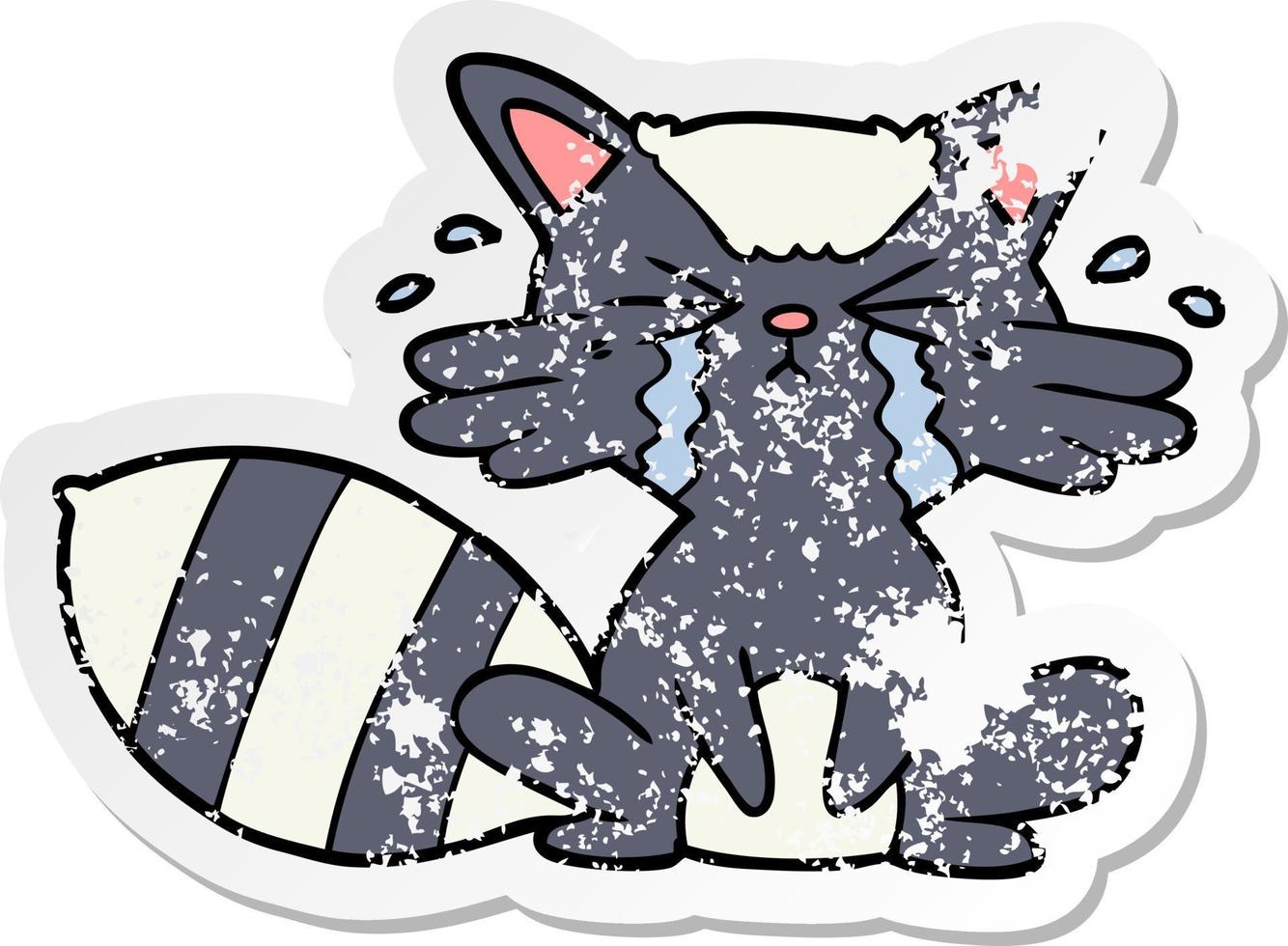 distressed sticker of a cartoon raccoon crying vector