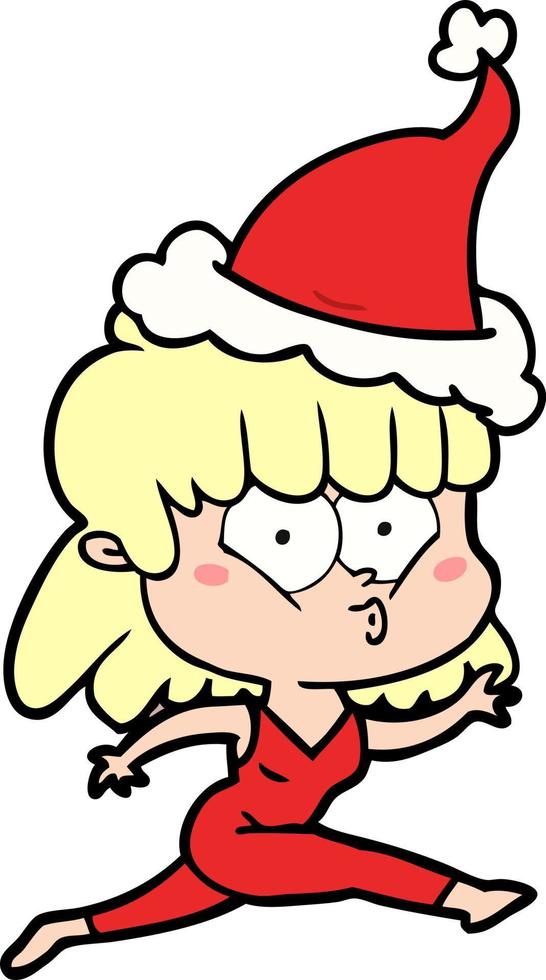 line drawing of a woman running wearing santa hat vector
