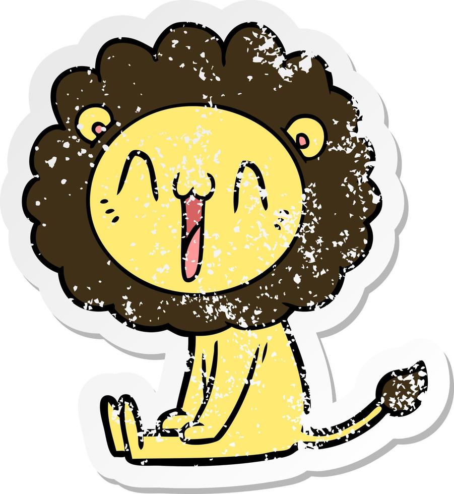 distressed sticker of a happy cartoon lion vector