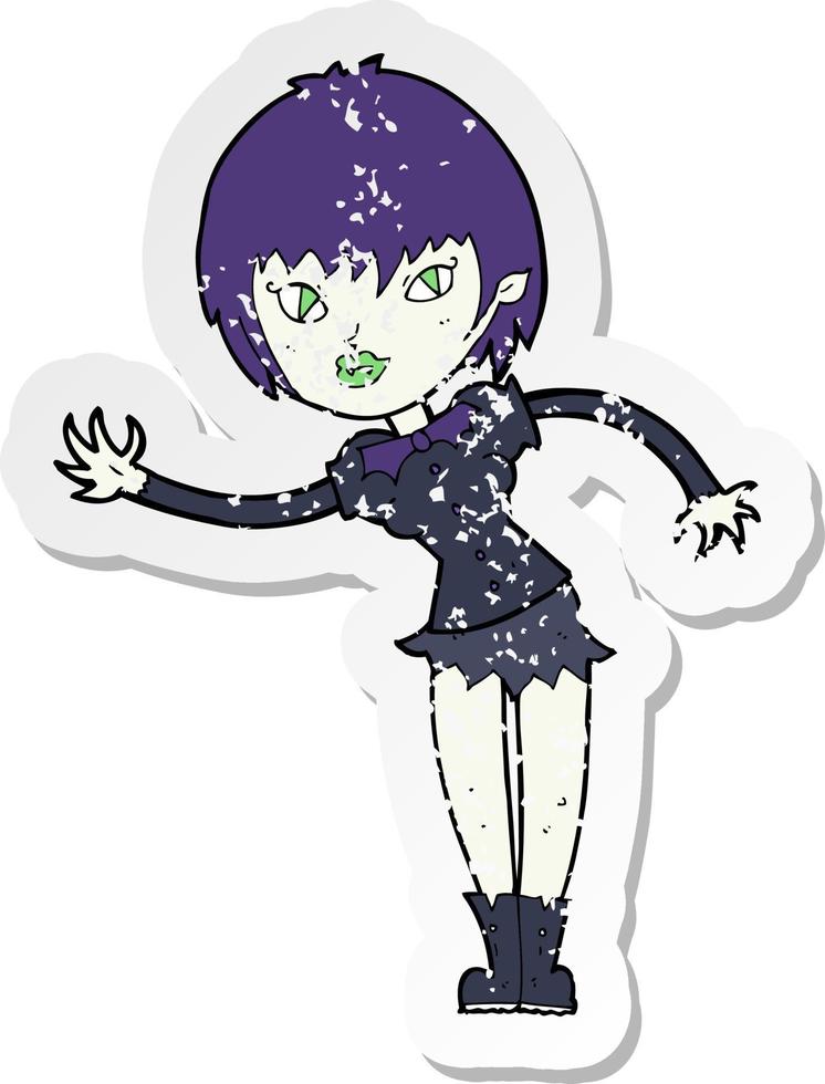 retro distressed sticker of a cartoon vampire girl welcoming vector