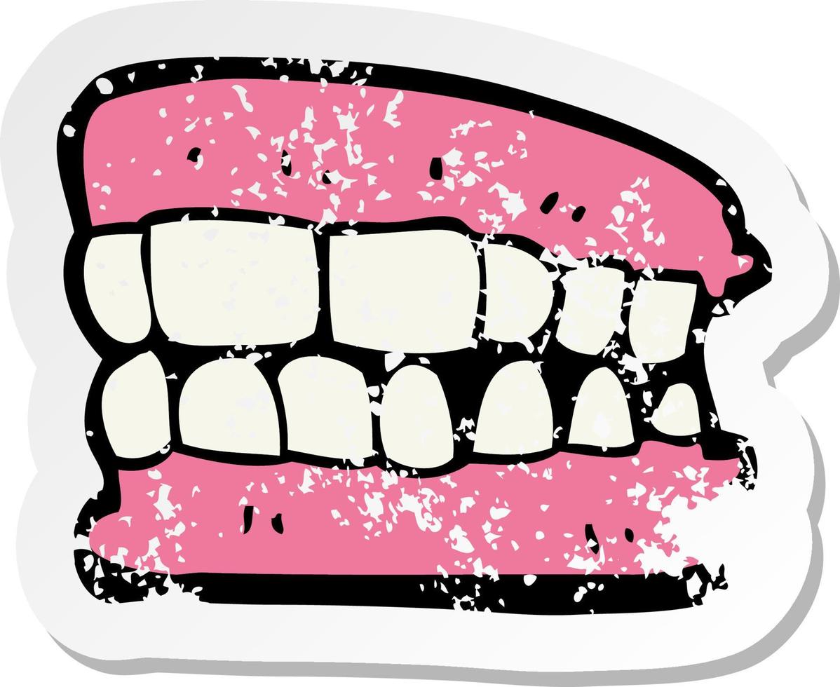 retro distressed sticker of a cartoon false teeth vector