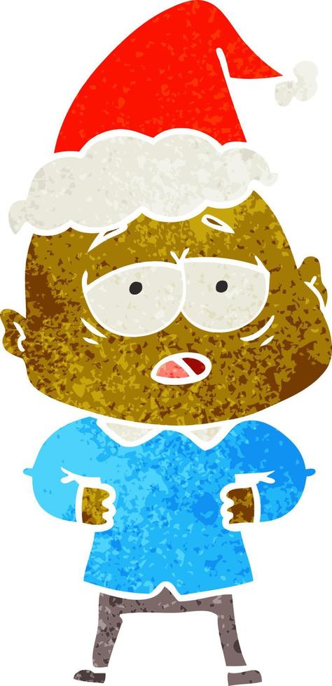 retro cartoon of a tired bald man wearing santa hat vector