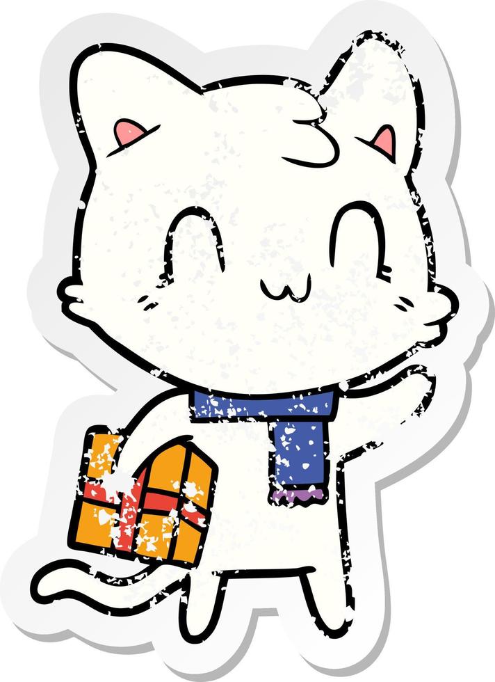 pegatina angustiada de un gato feliz de dibujos animados con bufanda vector
