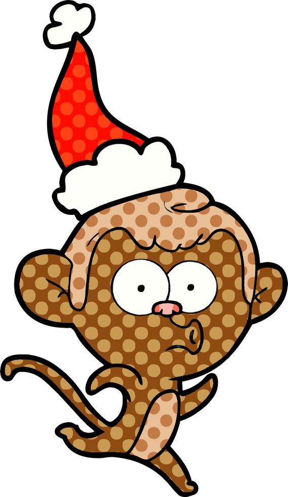 comic book style illustration of a surprised monkey wearing santa hat vector