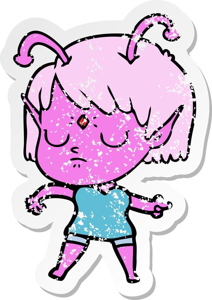 distressed sticker of a cartoon alien girl vector