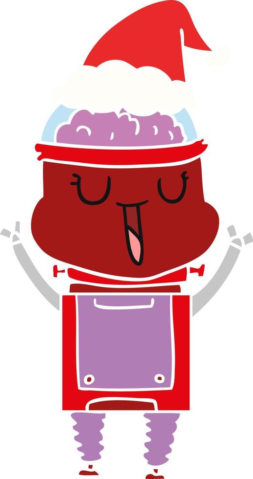 happy flat color illustration of a robot wearing santa hat vector