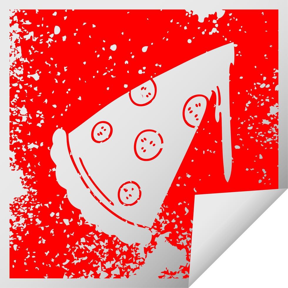 quirky distressed square peeling sticker symbol slice of pizza vector