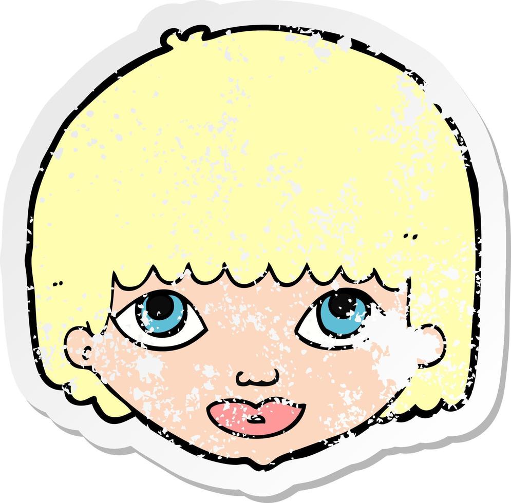 retro distressed sticker of a cartoon female face vector