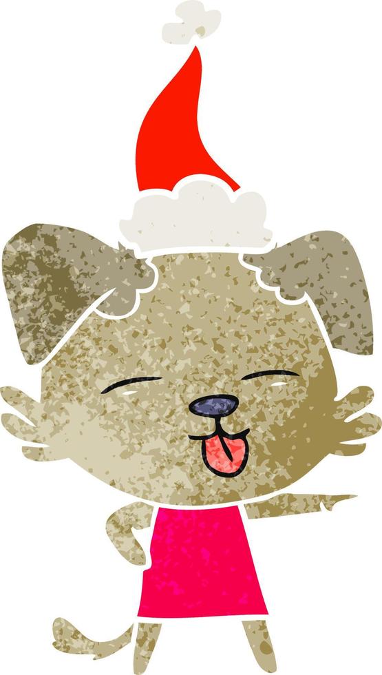 caricatura retro de un perro sacando la lengua con sombrero de santa vector