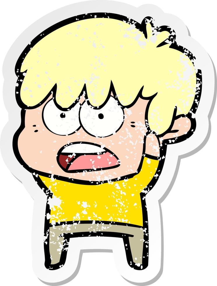 distressed sticker of a worried cartoon boy vector