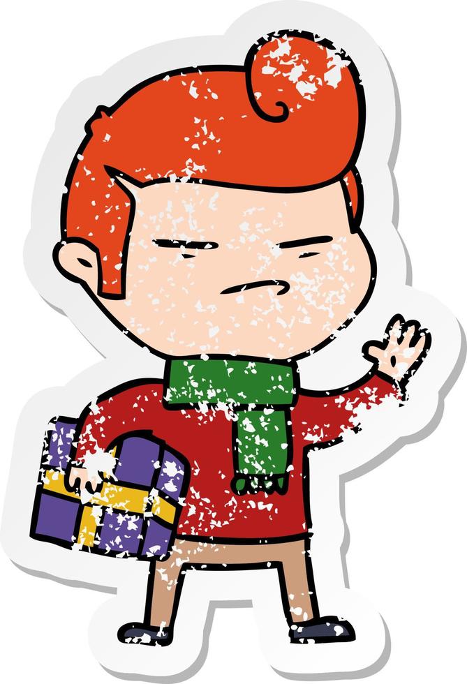 distressed sticker of a cartoon cool guy with fashion hair cut vector