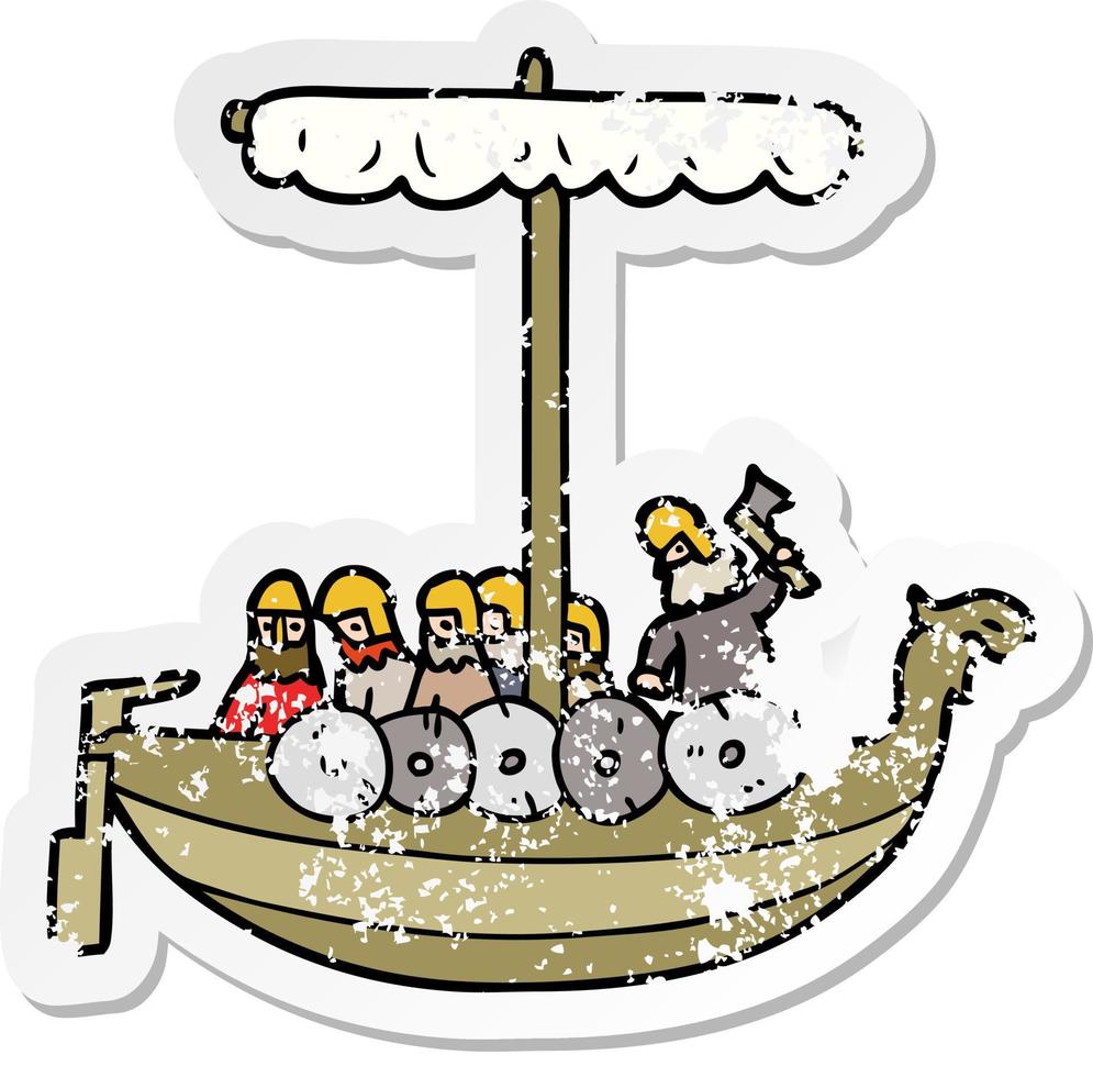 distressed sticker of a cartoon vikings sailing vector