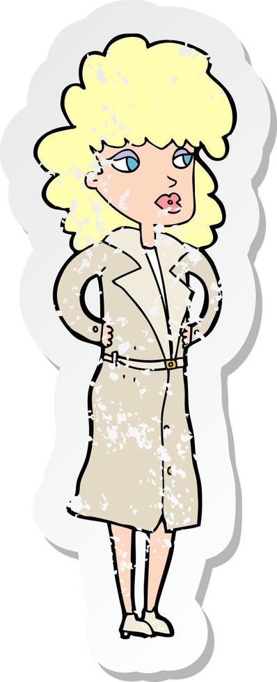 retro distressed sticker of a cartoon woman in trench coat vector