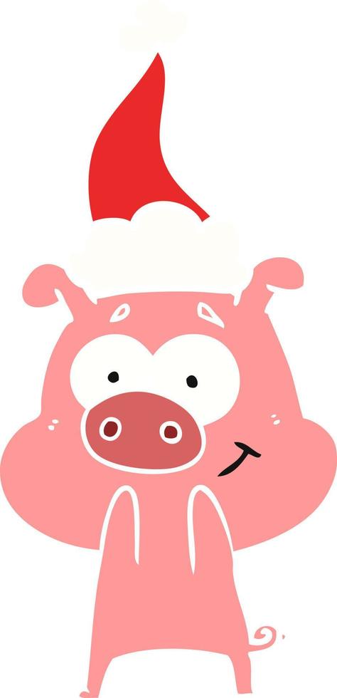 happy flat color illustration of a pig wearing santa hat vector