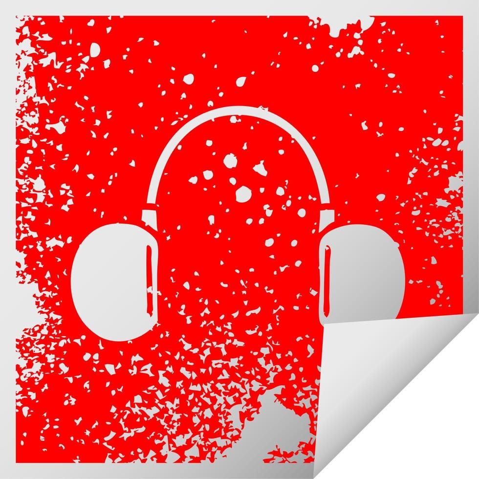 distressed square peeling sticker symbol retro headphone vector