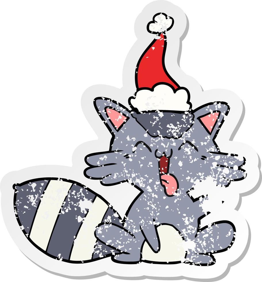 linda caricatura angustiada de un mapache con gorro de Papá Noel vector