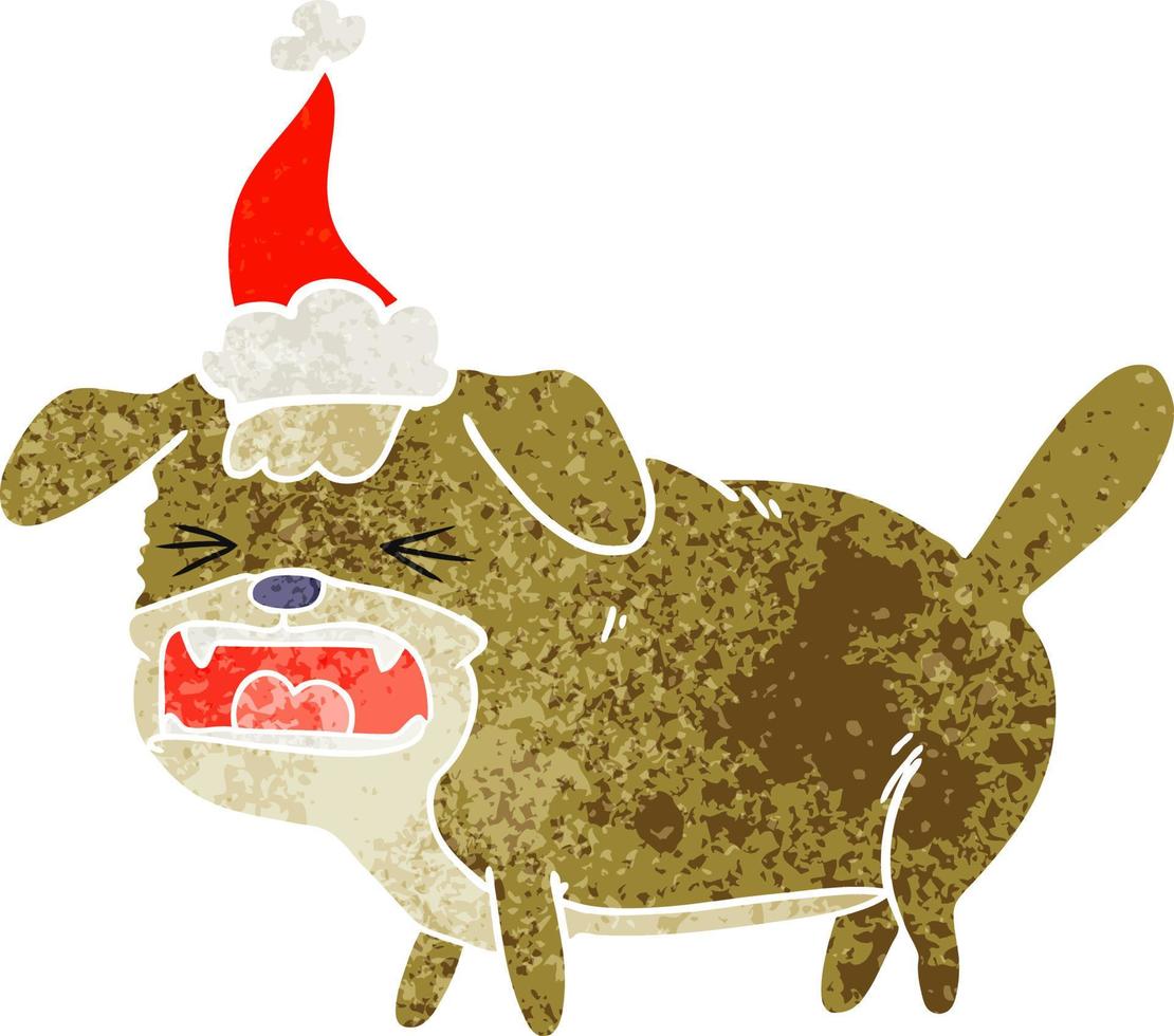 retro cartoon of a dog barking wearing santa hat vector