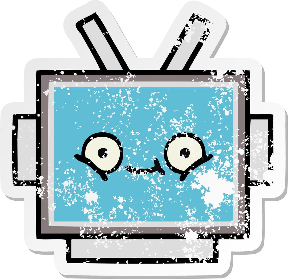 distressed sticker of a cute cartoon robot head vector