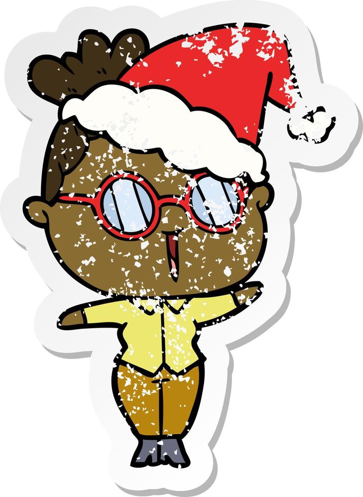 distressed sticker cartoon of a woman wearing spectacles wearing santa hat vector