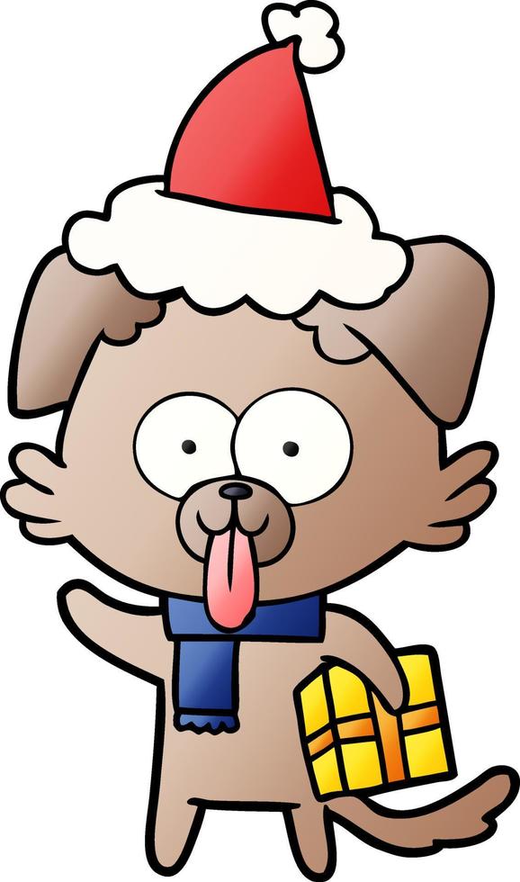 gradient cartoon of a dog with christmas present wearing santa hat vector