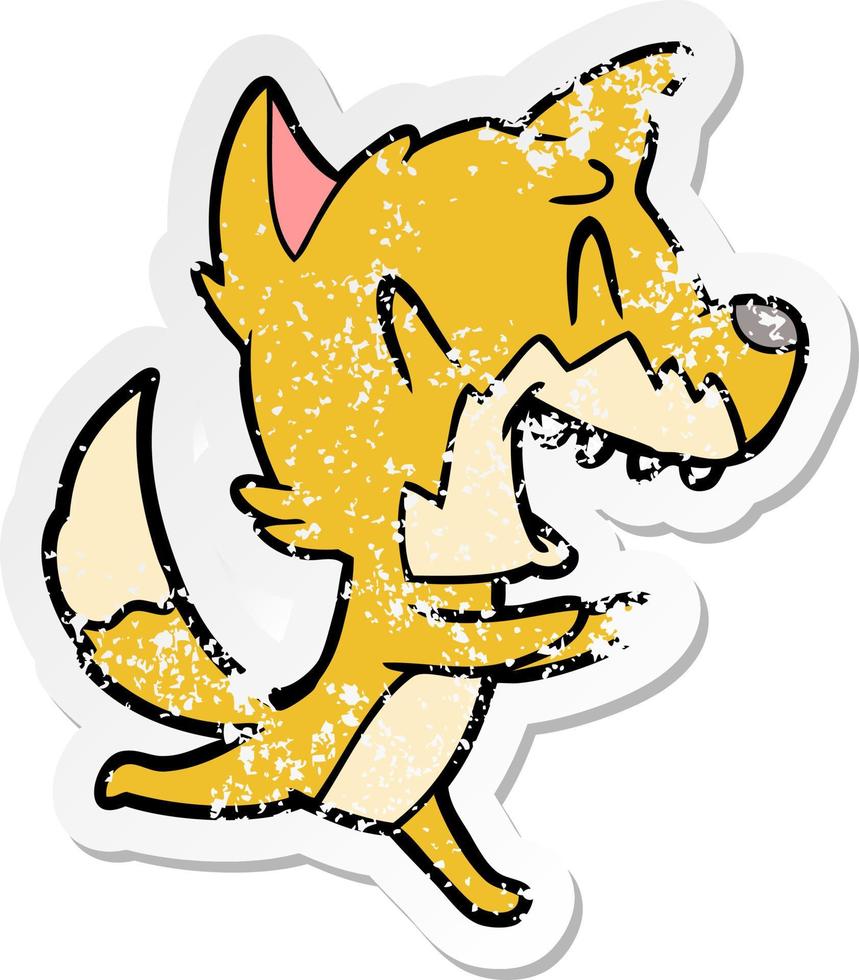 distressed sticker of a laughing fox running away vector