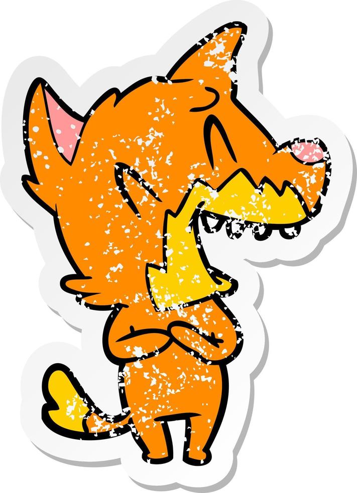 distressed sticker of a laughing fox cartoon vector