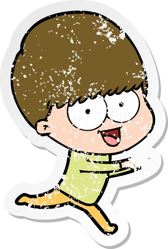 distressed sticker of a happy cartoon boy running vector