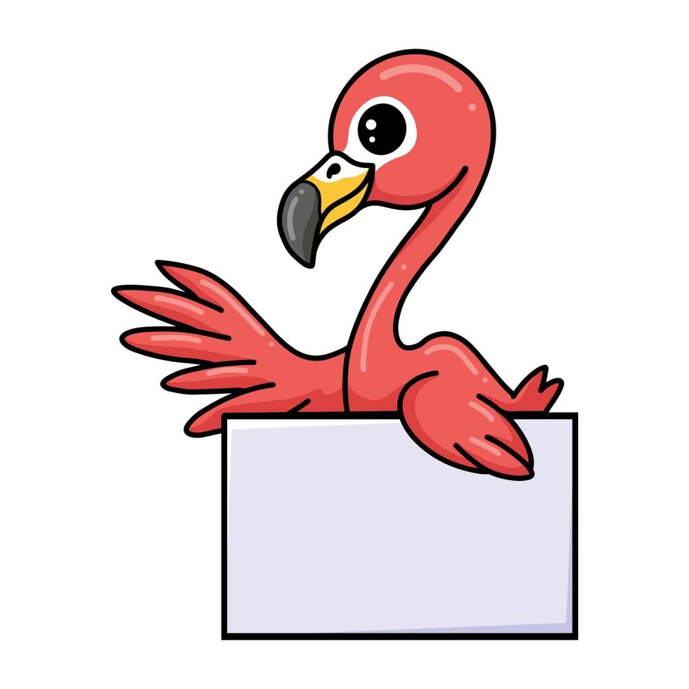 Cute little pink flamingo cartoon with blank sign vector
