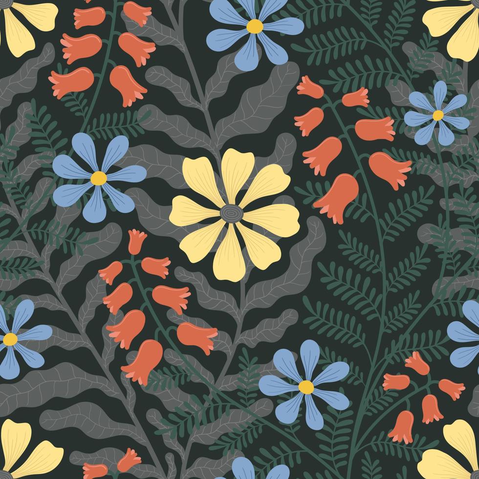 VECTOR SEAMLESS DARK GREEN BACKGROUND WITH MULTICOLORED WEAVING FLOWERS