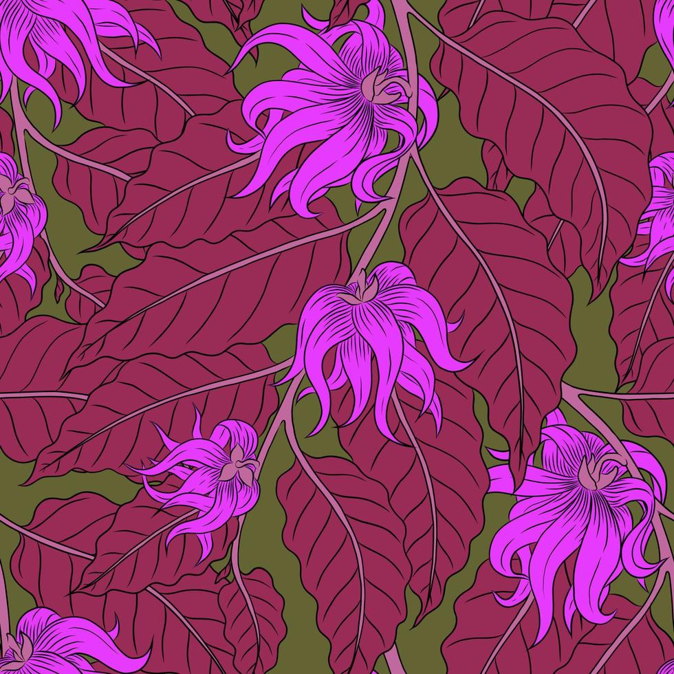 vector patrón beige sin costuras con flores rosadas de ylang-ylang en ramas carmesí
