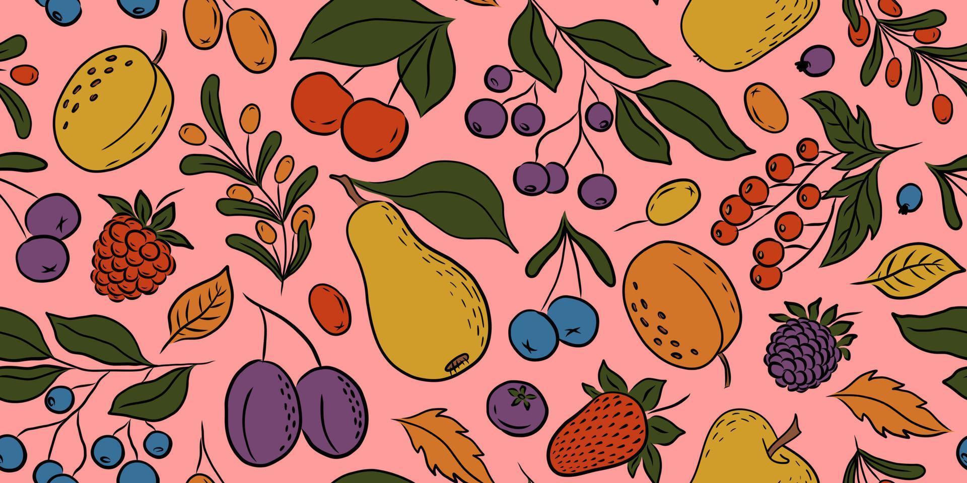 patrón transparente de vector rosa con coloridas frutas y bayas