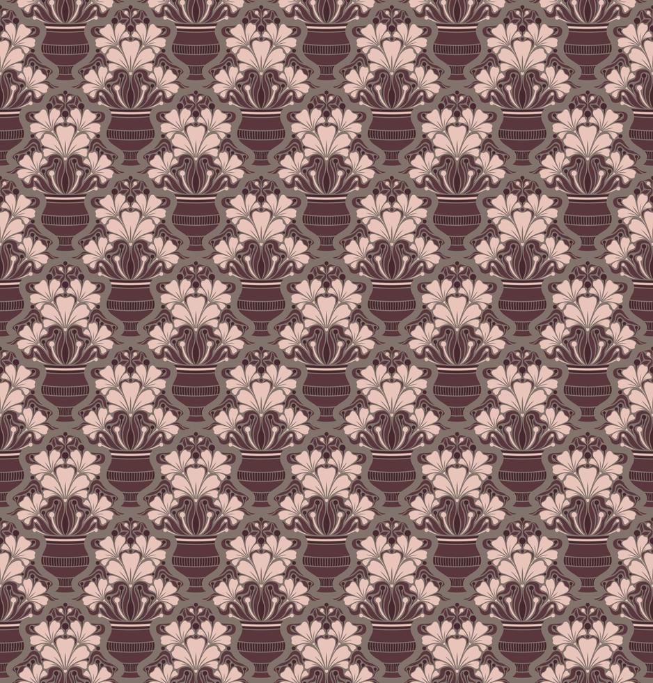 GREY SEAMLESS VECTOR BACKGROUND IN ART NOUVEAU STYLE WITH A BOUQUET OF PINK FLOWERS