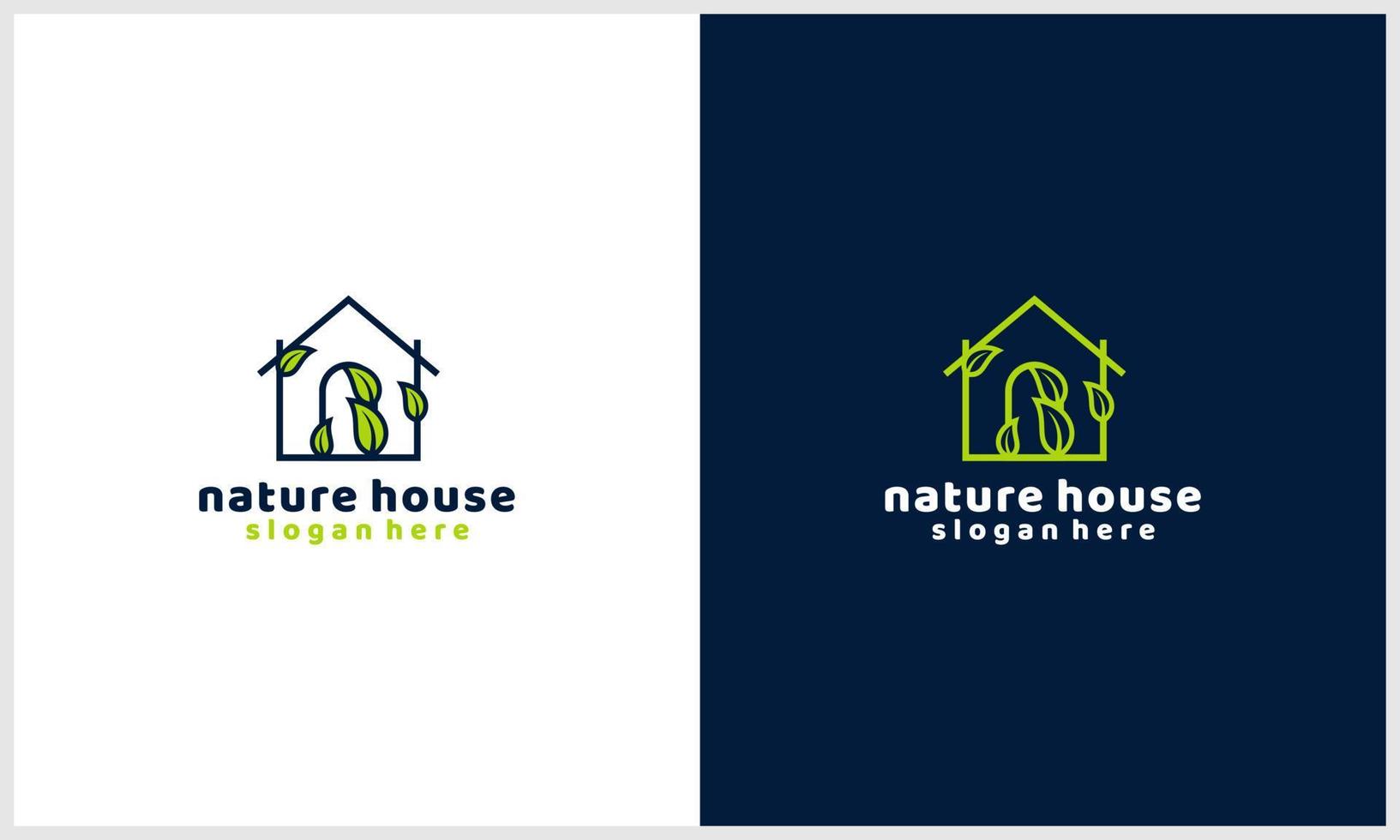 casa de naturaleza de arte lineal, hogar con plantilla de diseño de logotipo de concepto de hoja vector