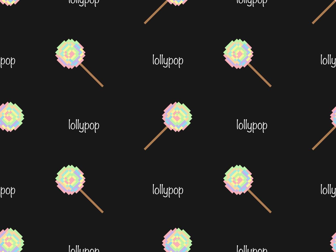 Lollipop cartoon character seamless pattern on black background. Pixel style vector